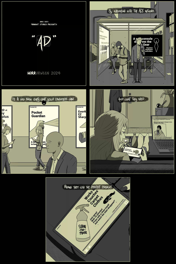 Darkly funny comic by Aidee Sea featuring twisted humor, showcasing people interacting with AI-driven advertisements.