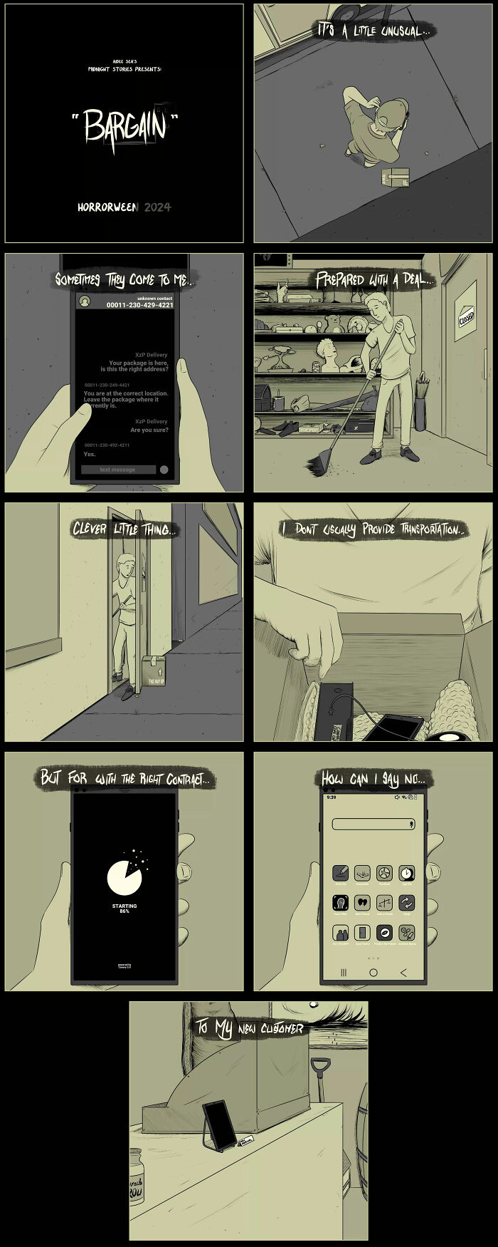 Darkly funny comic by Aidee Sea shows a quirky midnight bargain with phone and mysterious transaction.