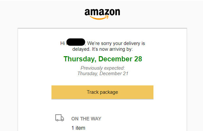 Amazon delivery delay notification, highlighting a change in delivery date related to Christmas accidents.