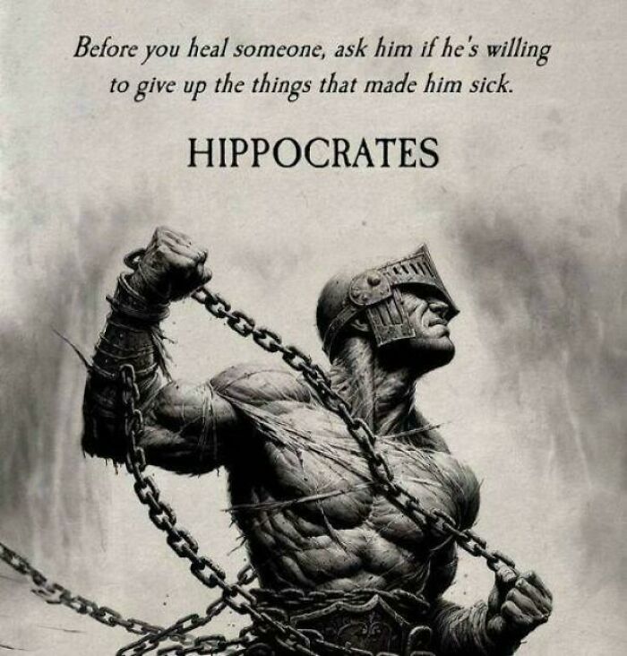 "Warrior in chains with a quote by Hippocrates, illustrating a deep message; an image that makes sense the less you think."