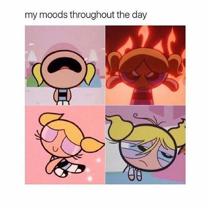 Mental health meme with cartoon character showing different moods throughout the day.