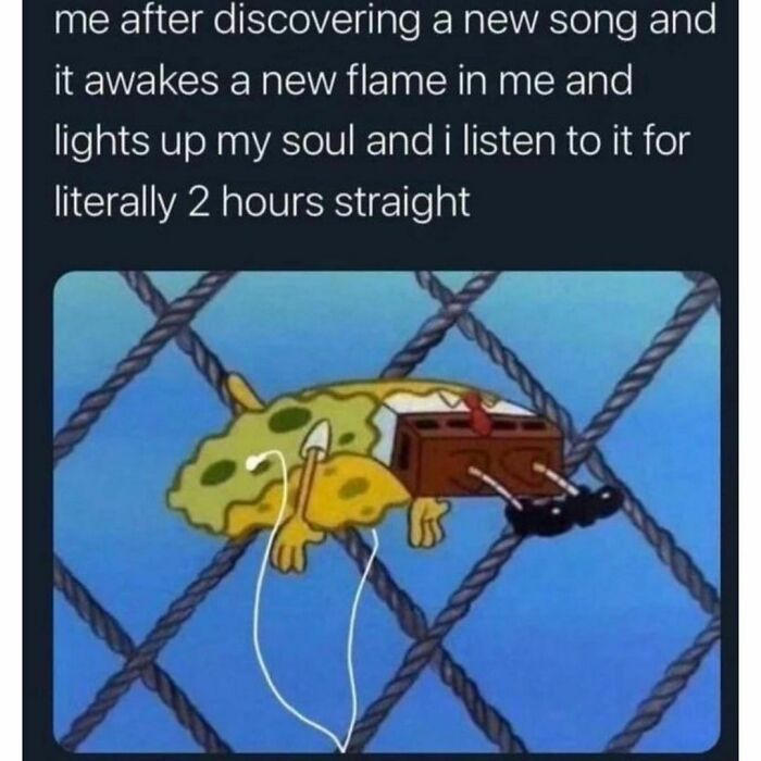 SpongeBob meme humorously depicting relatable mental health experiences with music.
