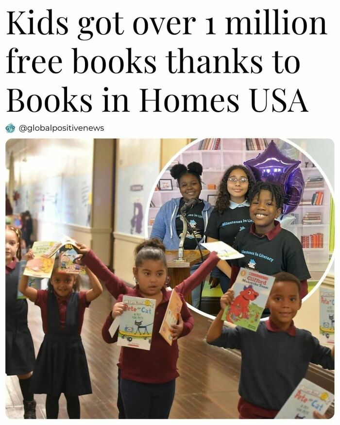 Kids celebrating after receiving over 1 million free books from Books in Homes USA, smiling and holding various children's books.