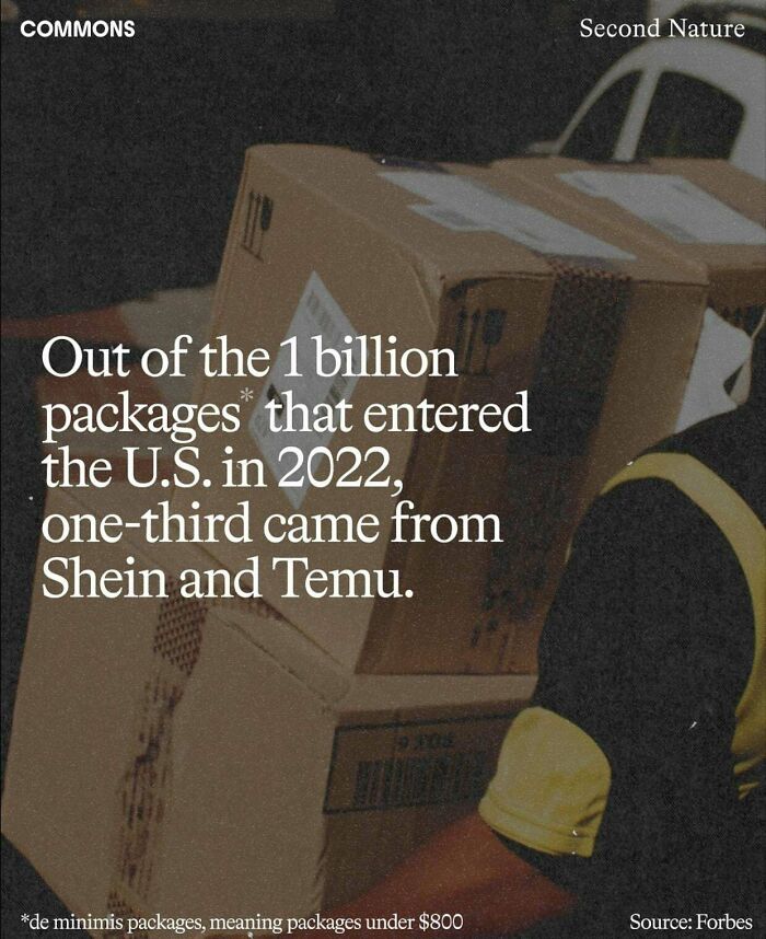 Boxes with text highlighting consumerism, noting a large influx of packages from Shein and Temu in 2022.