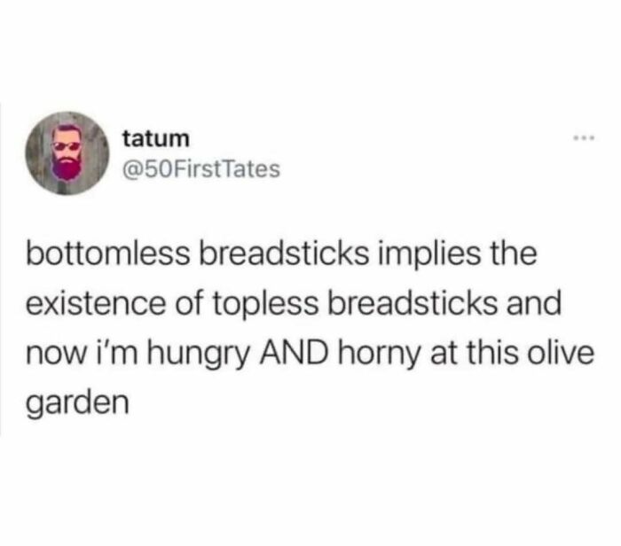 Funny social media post about breadsticks humor making a hilariously random moment to brighten your day.