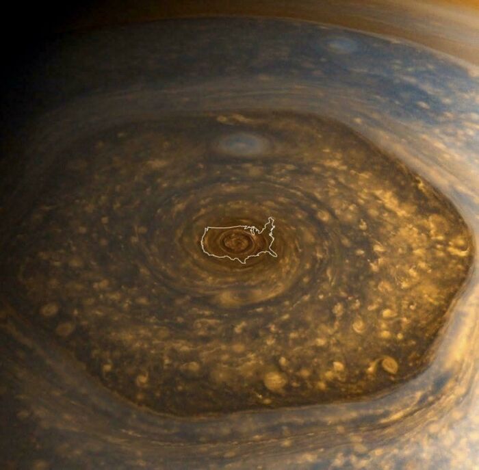 Massive swirling storm on Jupiter compared in size to the United States, illustrating a megalophobia fear of large objects.