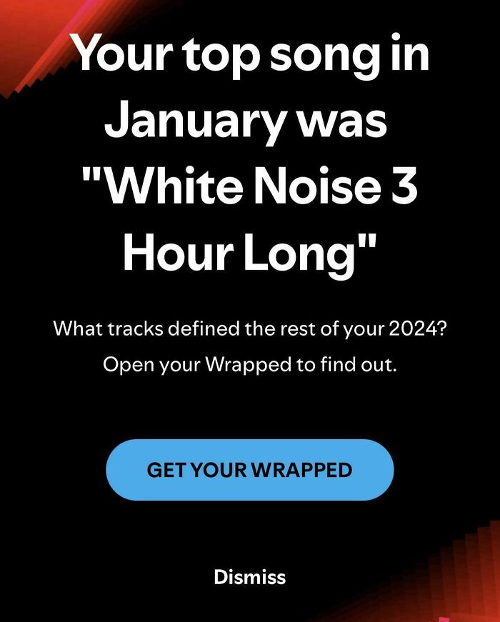 Funny pregnancy situations text about top song "White Noise 3 Hour Long" with a prompt to explore Wrapped 2024.