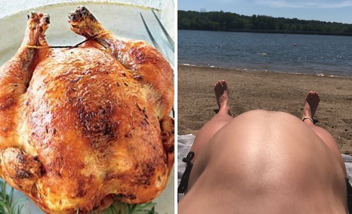 Pregnancy humor: a roasted chicken next to a pregnant belly on a beach.