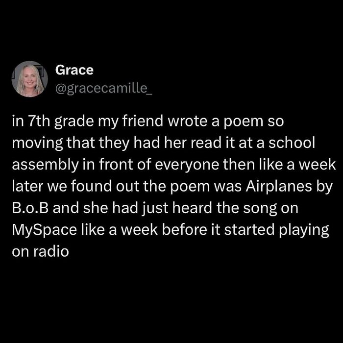 Grace shares a relatable avocado generation meme about a friend's poem mix-up with the song "Airplanes."