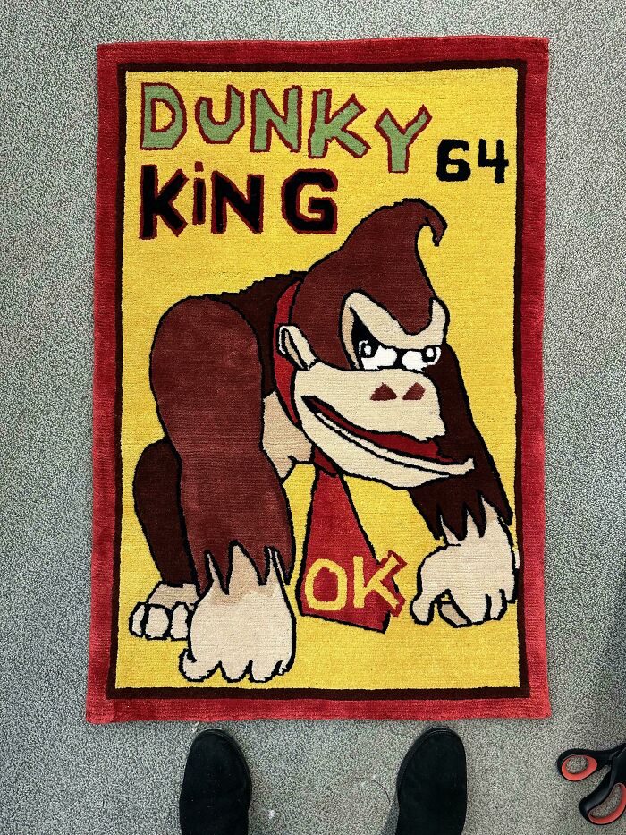 Humorous Christmas gift rug featuring a parody of a well-known video game character.