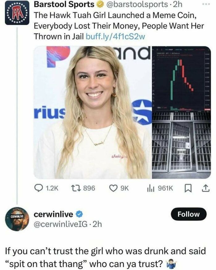 Barstool Sports tweet about meme coin failure and jail demand, featuring humorous comment on trust.