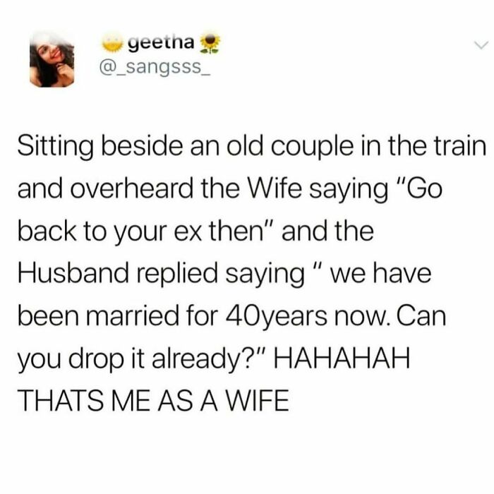 Text meme about overhearing a humorous conversation between an old couple on a train.