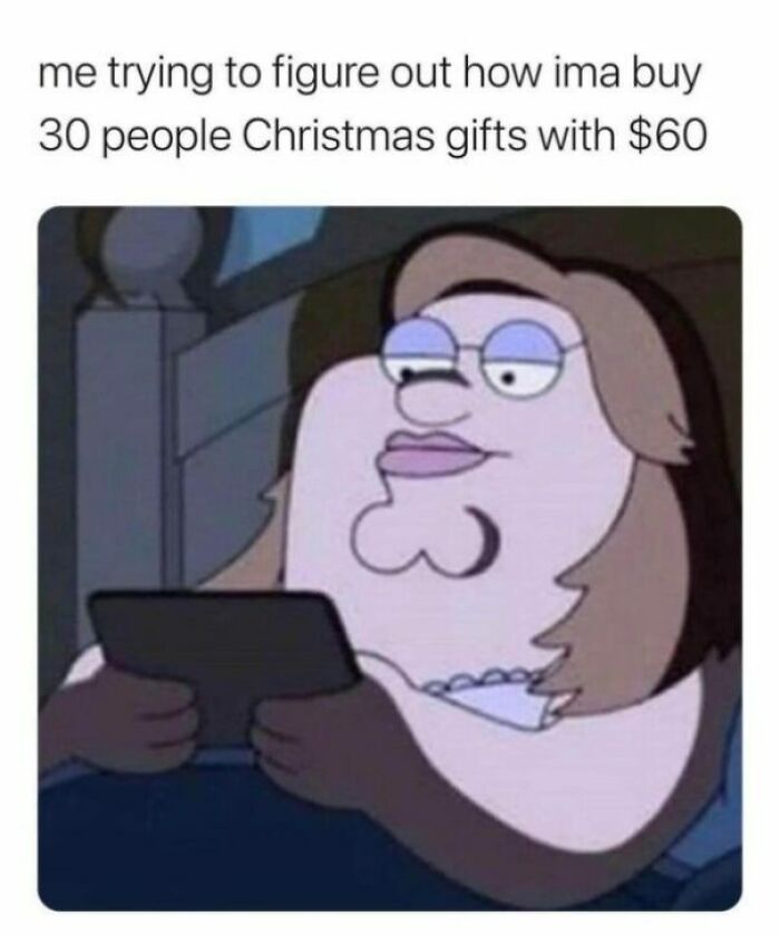 Cartoon character with an exasperated expression, holding a device, illustrating a relatable mental health meme about holiday budgeting.