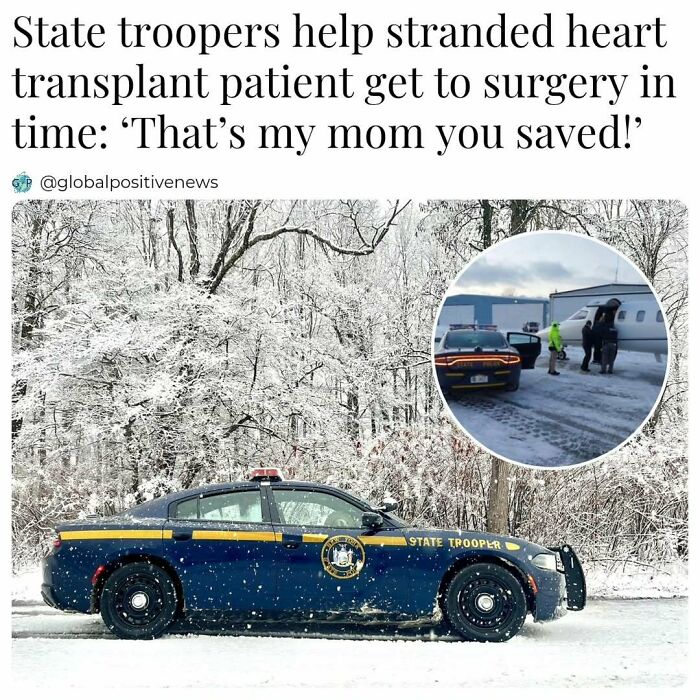 State trooper car on snowy road, inset shows officers helping a patient reach a plane.