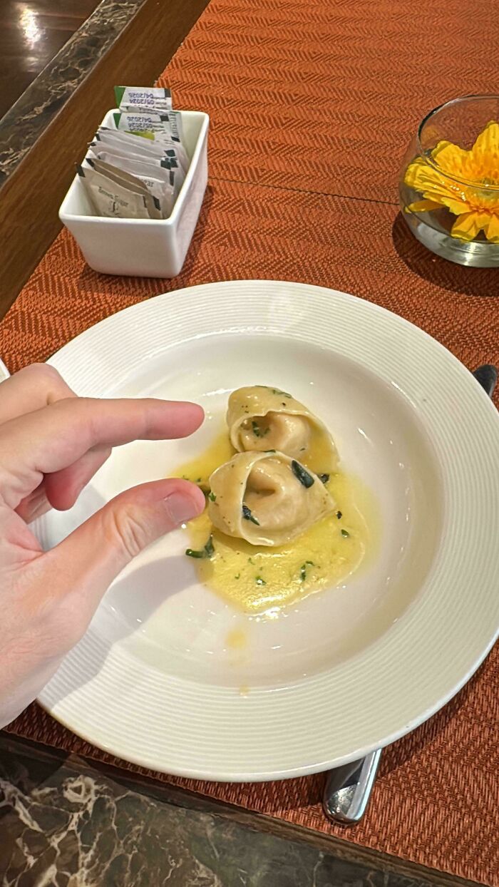 Two small tortellini in sauce on a white plate, captured with a hand gesturing size, illustrating a unique dish concept.