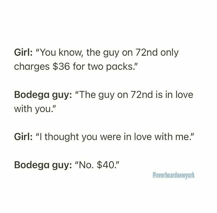 Text message conversation highlighting one of the wildest NYC conversations overheard between a girl and a bodega guy.