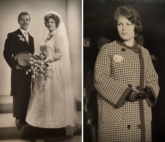 60s fashion looks: bride in vintage gown with groom; woman in checkered coat and gloves.