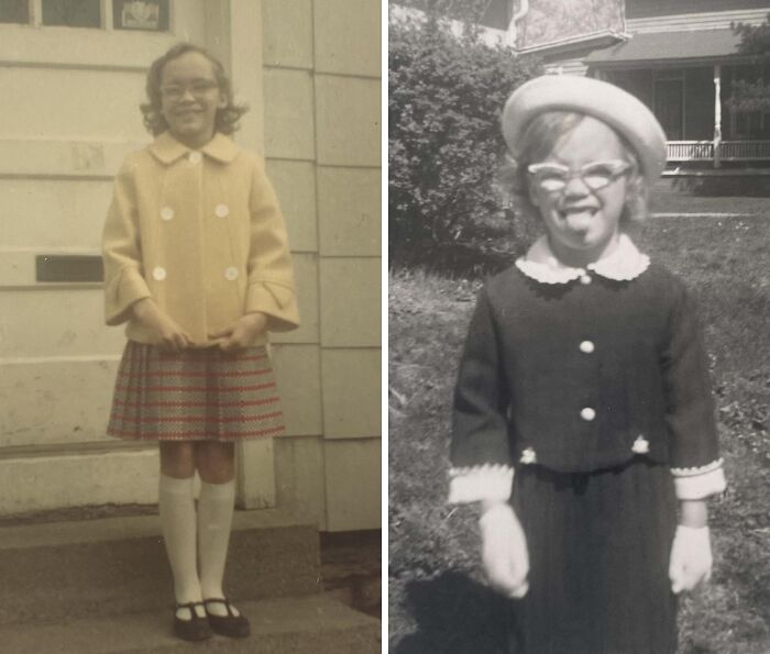 Child in 60s fashion, wearing a yellow coat and plaid skirt on the left, and a dark suit with a hat on the right.