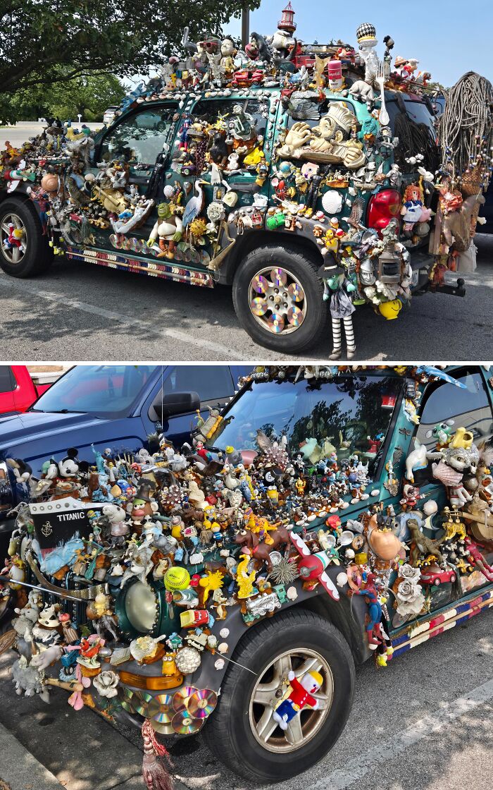 Decorated vehicle covered in toys and trinkets, exemplifying unusual car-fails with creative flair.