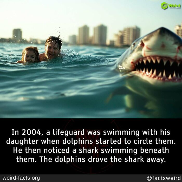 People swimming with a shark approaching, a weird fact about dolphins protecting them.