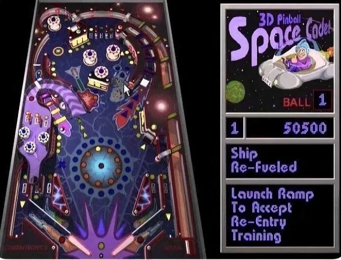 3D Pinball Space Cadet game screen, capturing old-internet-feel with classic graphics and score display.