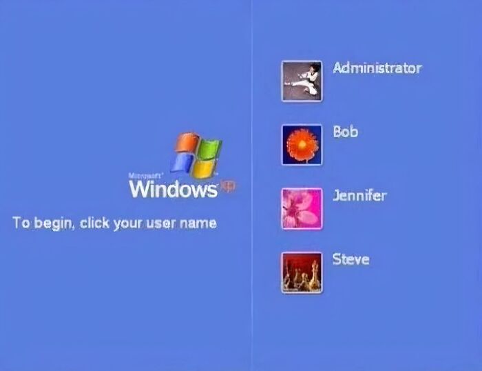 Old internet feel with a vintage Windows XP login screen displaying user profiles on a blue background.