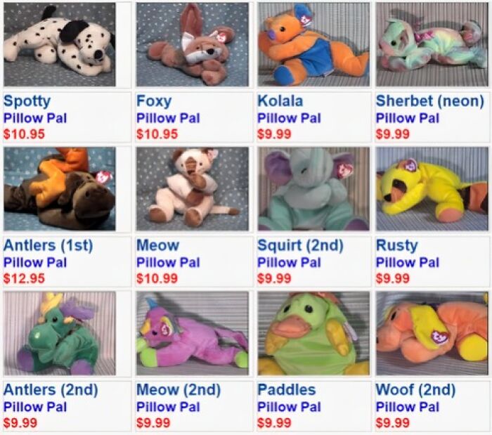 Old-Internet-Feel-Pics of vintage Pillow Pal plush toys with prices.