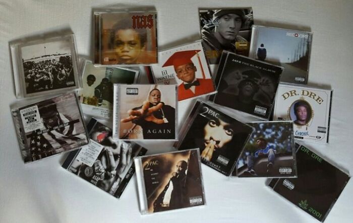 A collection of classic hip-hop CD album covers on a white background, showcasing an old-internet-feel.