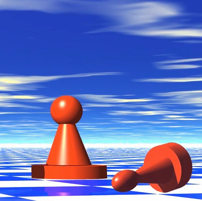 Red chess pawns on a checkered surface under a blue sky, evoking old-internet-feel.