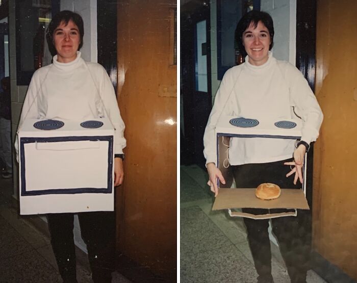 Person in a stove costume with a bun in the oven, humorously showcasing a funny pregnancy situation.