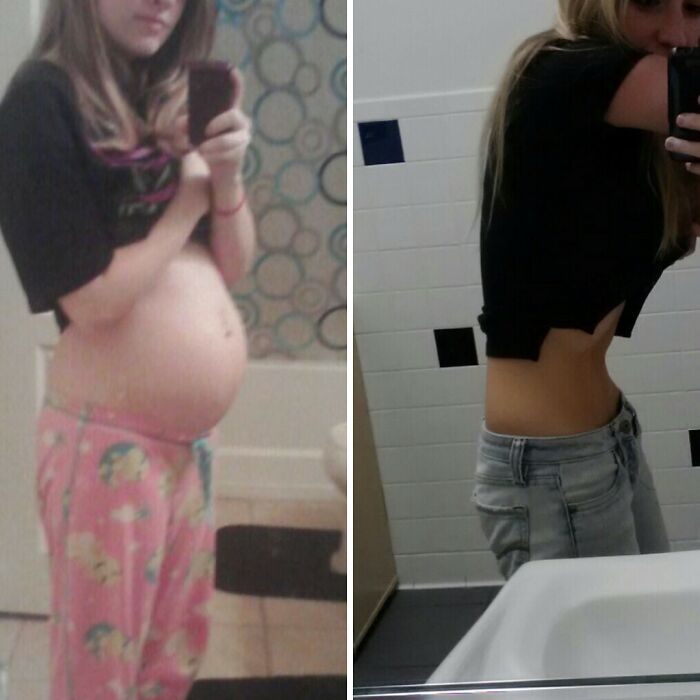 Two side-by-side photos showing a humorous pregnancy situation with a baby bump in pajamas and a flat stomach in jeans.