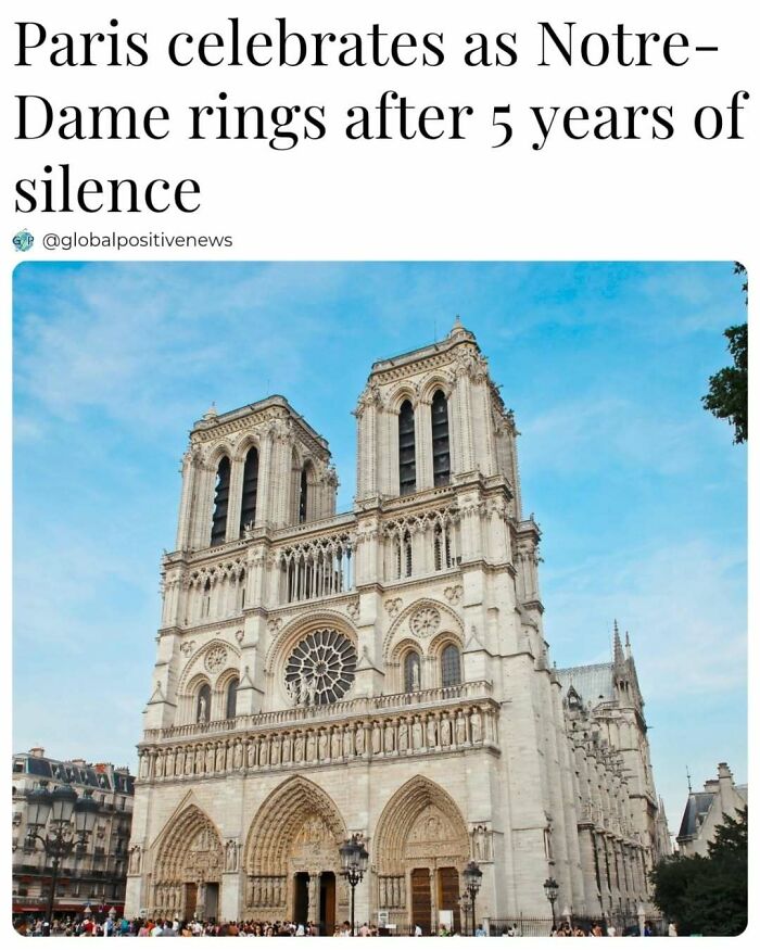Notre-Dame Cathedral in daylight as Paris celebrates its bells ringing again, showcasing global positive news.
