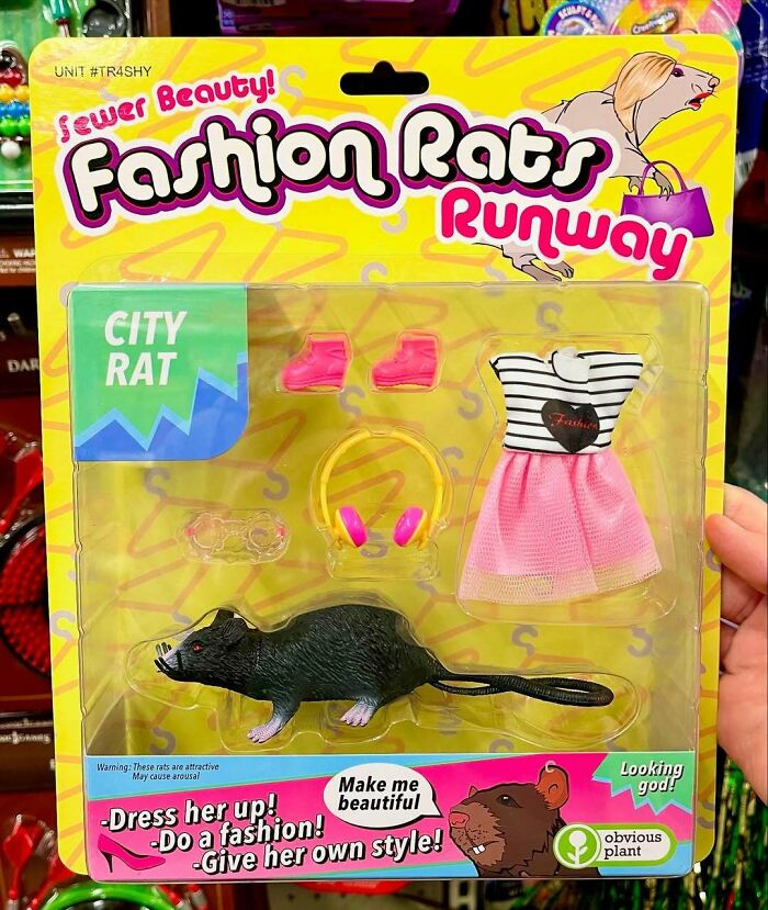 Packaging of a fake Fashion Rats Runway toy, part of a series of sneaky fake products in real stores.