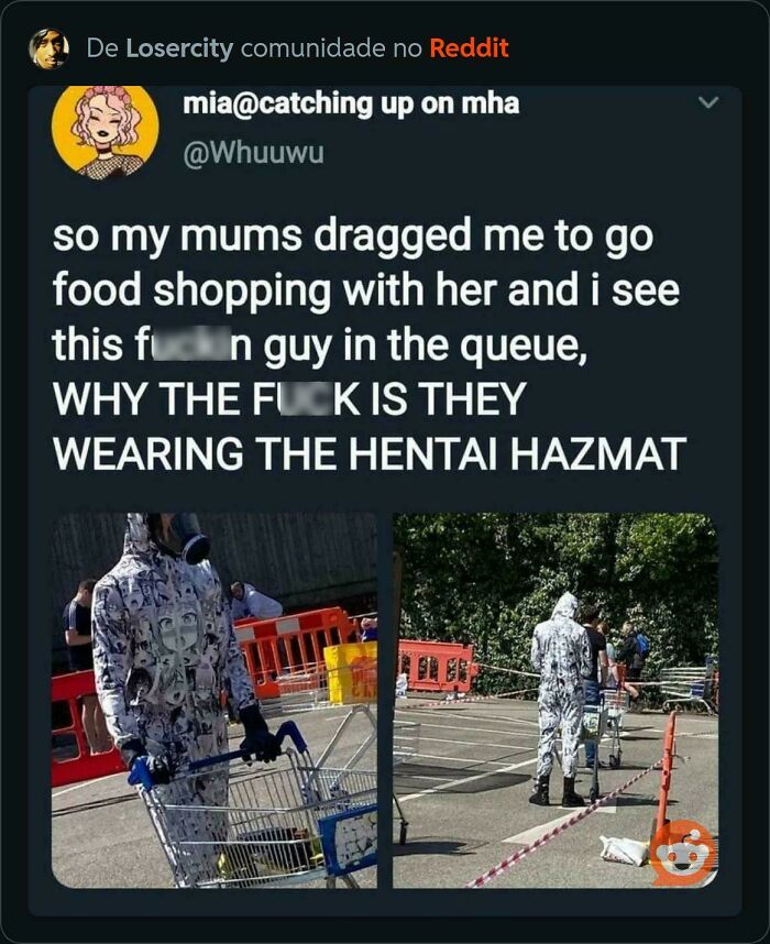 Person in a unique hazmat suit with anime illustrations pushes a shopping cart in a parking lot, resembling a "final boss" in real life.