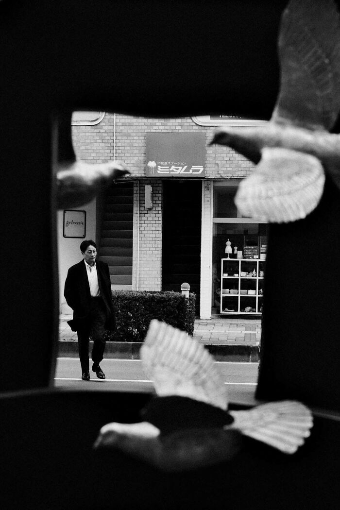 Man walking on a city street, captured creatively through a foreground of blurred bird shapes in street photography.