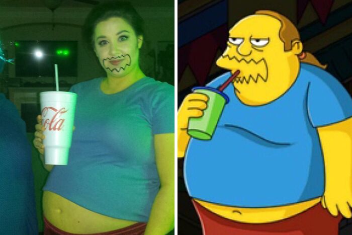 Pregnant woman humorously imitates cartoon character with drawn beard, holding a large drink.