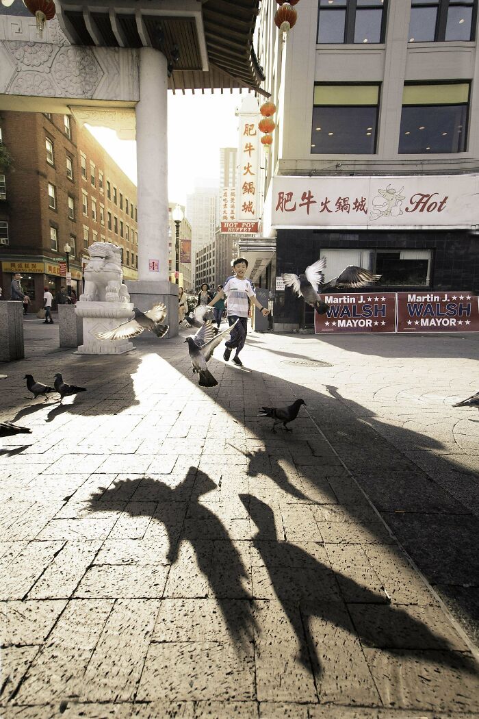 Boy running through pigeons in a busy street, showcasing the essence of creative street photography.