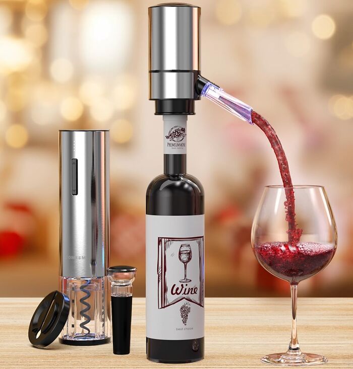 Wine aerator and opener set as gifts for teachers, with wine pouring into a glass.