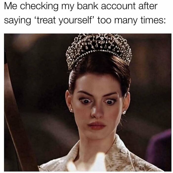 Surprised woman with a tiara looking at something, capturing a relatable and humorous meme moment.