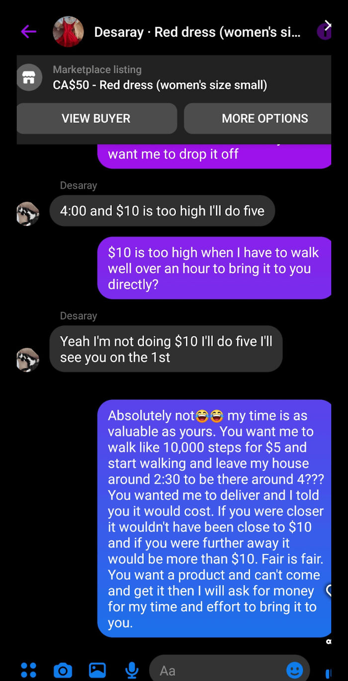 Beggars being choosers text exchange about a red dress on marketplace, debating delivery cost and effort.