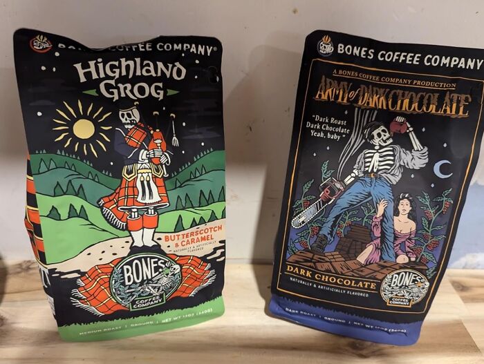 Bones Coffee Company packs, perfect gifts for teachers, featuring Highland Grog and Army of Dark Chocolate blends.