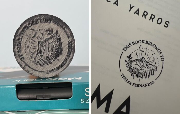 Custom book stamp for teachers featuring personalized text and mountain illustration.