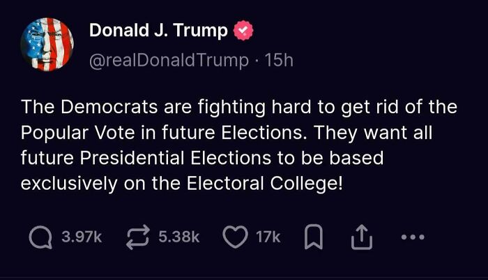 Tweet highlighting a political facepalm moment regarding electoral votes and the Electoral College.