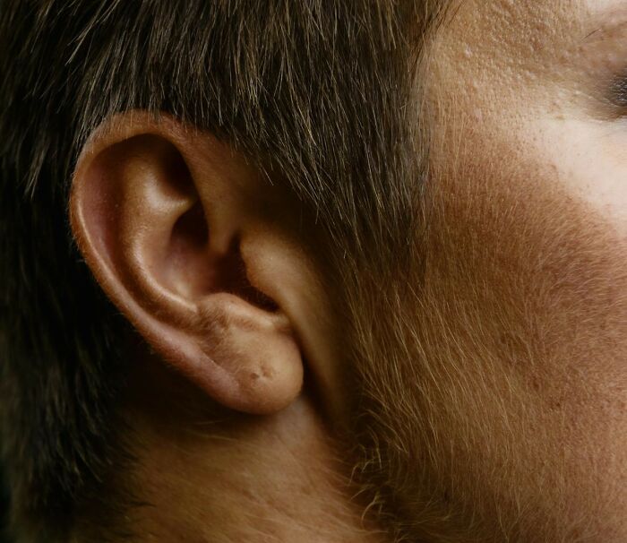 Close-up image of a person’s ear, representing curiosity about work events after a potluck.