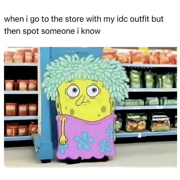 Cartoon character looking awkward in a store aisle, illustrating a relatable meme about unexpected social encounters.
