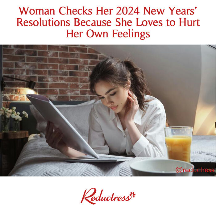 Woman reading resolutions in bed, looking thoughtful; fake headline humor image.