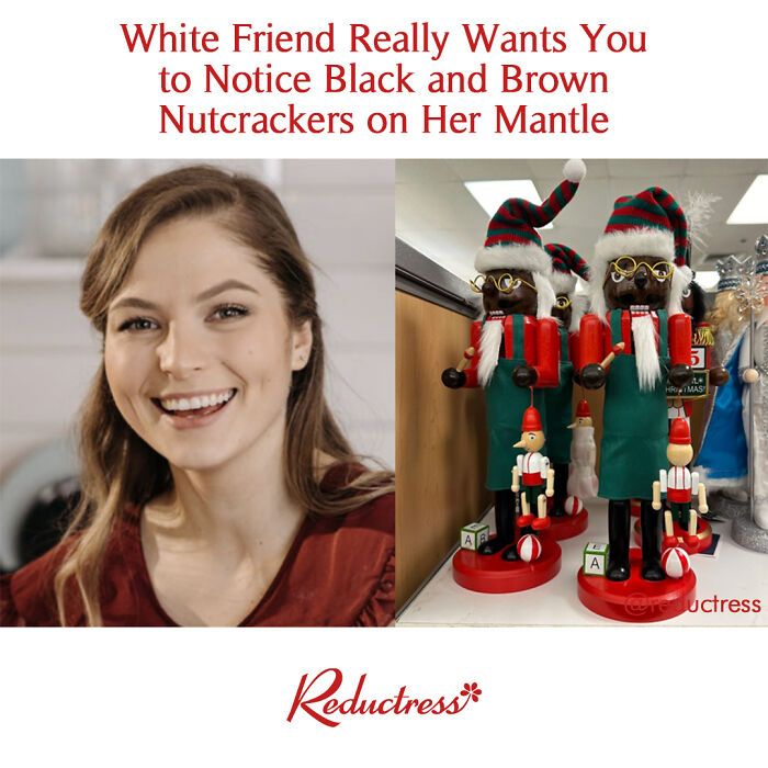 Smiling woman beside nutcrackers on display, featuring hilarious fake headline humor.