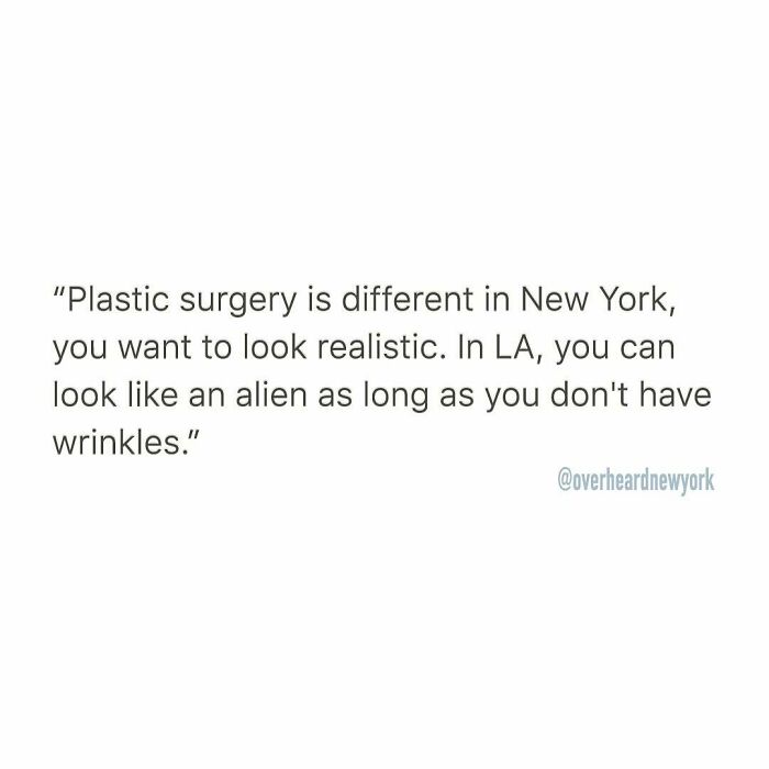 Text post about plastic surgery differences between New York and LA, featuring wild NYC conversations overheard in public.