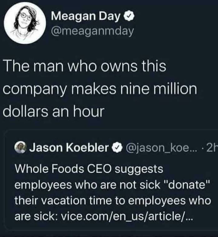 Tweets highlighting shocking CEO salary and vacation donation policy, illustrating facepalm moments.