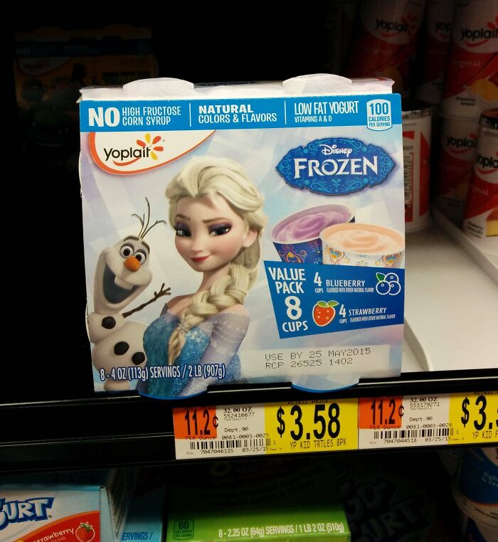 Frozen yogurt box on store shelf, featuring characters from Disney's Frozen, illustrating funny pregnancy situations.